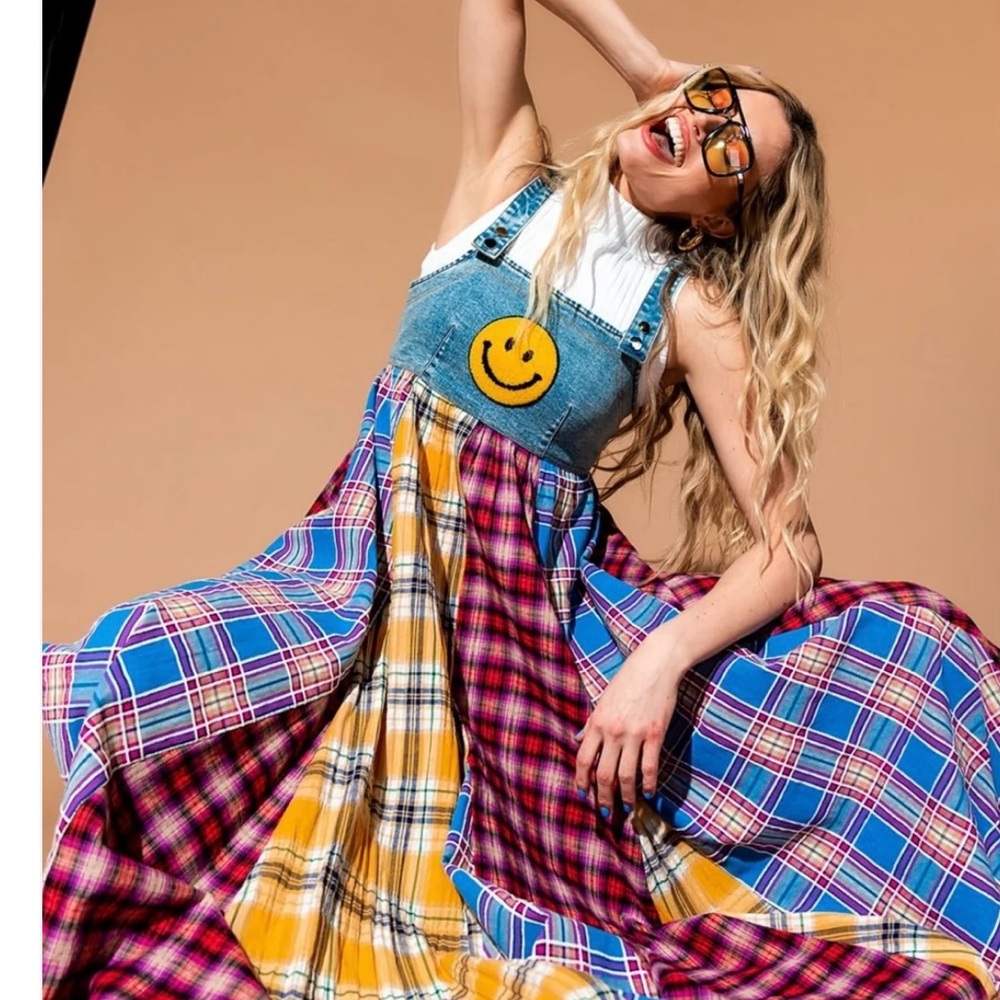 Colorful Plaid Maxi Dress with Smiley Face